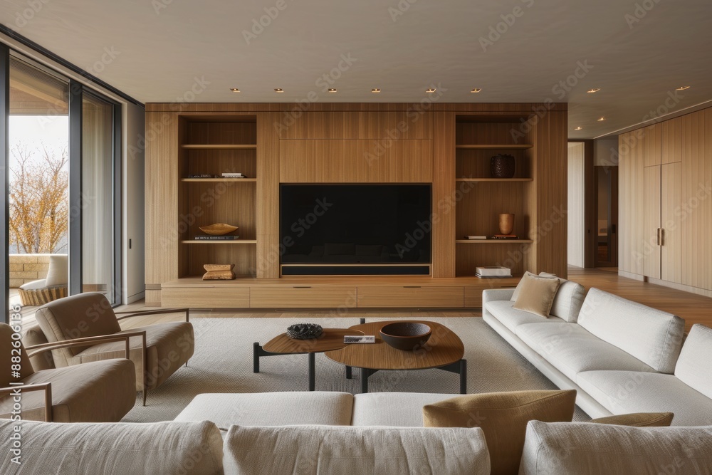 A living room with a large flat screen TV and a wooden wall A living room with a large flat screen TV and a wooden wall