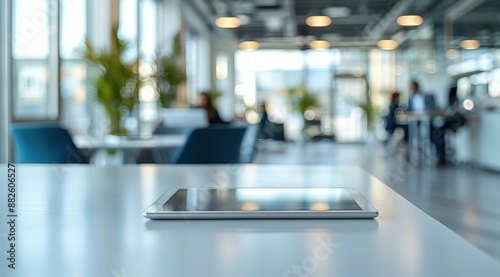 Wallpaper Mural Close-up of an empty white table set for product display or presentation, with a blurred modern office space in the background.  Torontodigital.ca