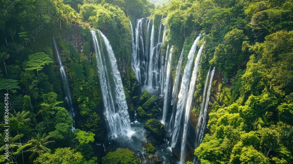 Aerial view moving forward along a tropical stream with a soaring multi-level waterfall, rocky cliffs, and thick jungle foliage in Nusa Penida. Aerial view moving forward along a tropical stream with a soaring multi-level waterfall, rocky cliffs, and thick jungle foliage in Nusa Penida.