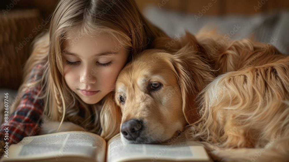 A young girl and her loyal golden retriever cozy up together with a book, sharing a heartwarming moment of reading and companionship. A young girl and her loyal golden retriever cozy up together with a book, sharing a heartwarming moment of reading and companionship.