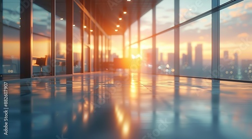 Beautiful Blurred Background of an Empty Modern Office with Panoramic Windows and Sunlight Streaming Through, Creating a Visionary Atmosphere for Future Business Concepts. 