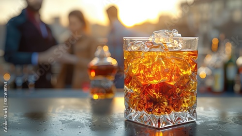 Glass of whiskey with ice on a bar at sunset, people chatting and having a good time. Warm, festive atmosphere for socializing with friends. Luxurious, sophisticated scene