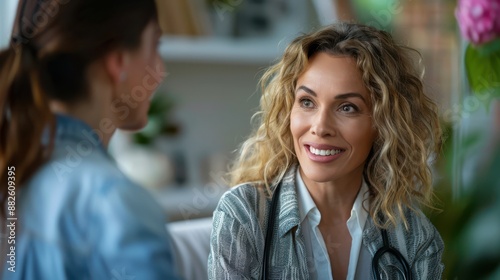 A woman with curly hair is smiling at a woman in a white shirt