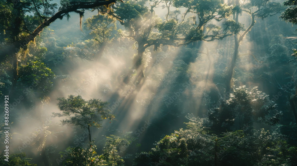 The misty forest canopy of Doi Inthanon, with sunlight filtering through the trees, creating a magical atmosphere The misty forest canopy of Doi Inthanon, with sunlight filtering through the trees, creating a magical atmosphere