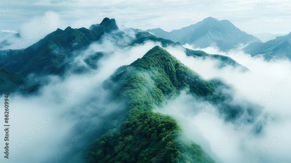 Peaceful mountain range with misty peaks, natural beauty, travel Peaceful mountain range with misty peaks, natural beauty, travel