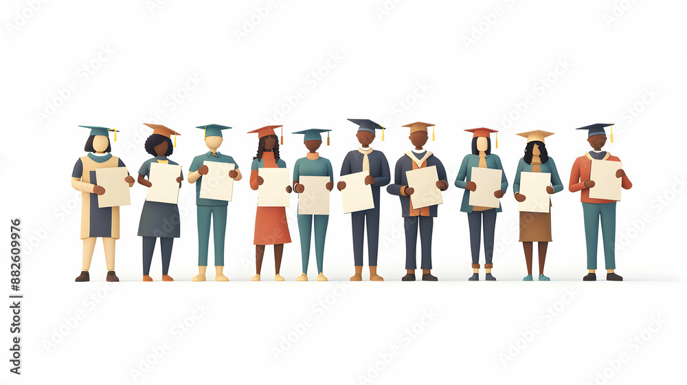 Business Professionals Holding Diplomas and Writing on Whiteboards in 3D Flat Icon Set Success and Planning Concept with Ample Space for Graphics on Whimsical Background Business Professionals Holding Diplomas and Writing on Whiteboards in 3D Flat Icon Set Success and Planning Concept with Ample Space for Graphics on Whimsical Background