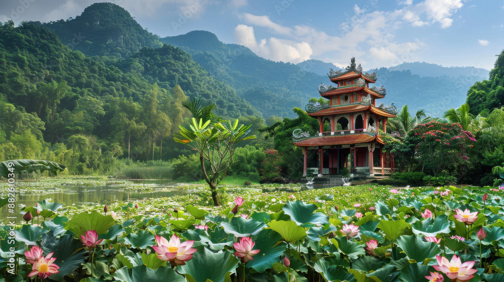 The peaceful countryside of Vietnam with a pagoda by the river, surrounded by lush greenery and blooming lotus flowers The peaceful countryside of Vietnam with a pagoda by the river, surrounded by lush greenery and blooming lotus flowers