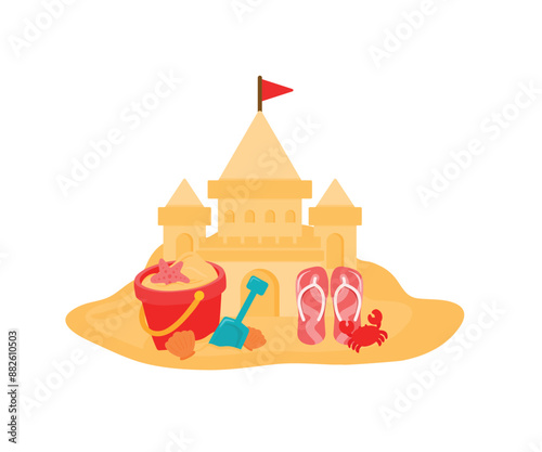 Sand castle with sand bucket and shovel vector illustration for kids summer beach holiday