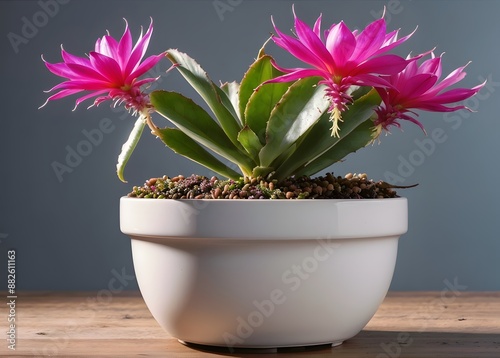 Cactus Echinopsis Kermesina with opening two pink blossoms against white background
 photo