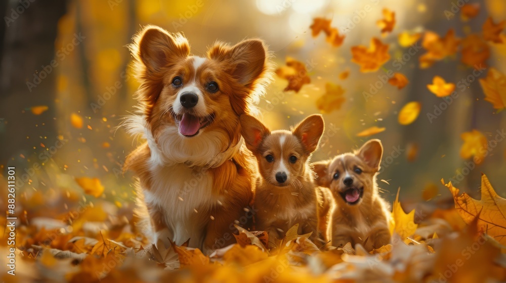 Adorable corgi dogs in autumn forest with fallen leaves, smiling and enjoying the season. Perfect for pet and nature lovers. Adorable corgi dogs in autumn forest with fallen leaves, smiling and enjoying the season. Perfect for pet and nature lovers.