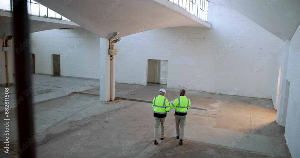 Construction, planning and men with discussion in warehouse for property, management or feedback. Top view, contractor and people with walking on site for civil engineering, project and communication