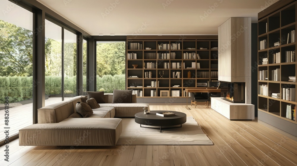 A modern living room with a cozy sectional sofa, modular bookshelves, and a minimalist fireplace, all framed by sleek, black-framed windows and light wood flooring. A modern living room with a cozy sectional sofa, modular bookshelves, and a minimalist fireplace, all framed by sleek, black-framed windows and light wood flooring.
