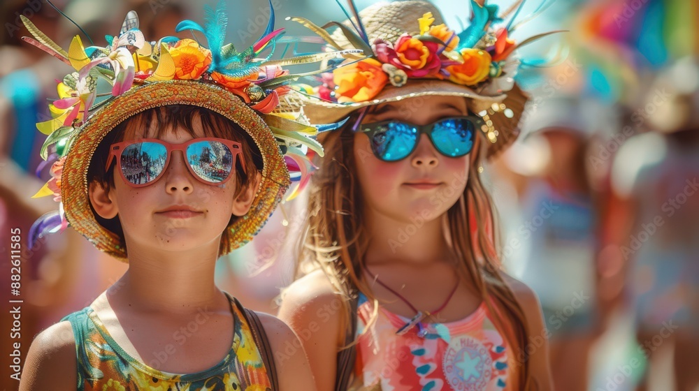 Obraz premium Two young girls wearing sunglasses and flower hats stand next to each other