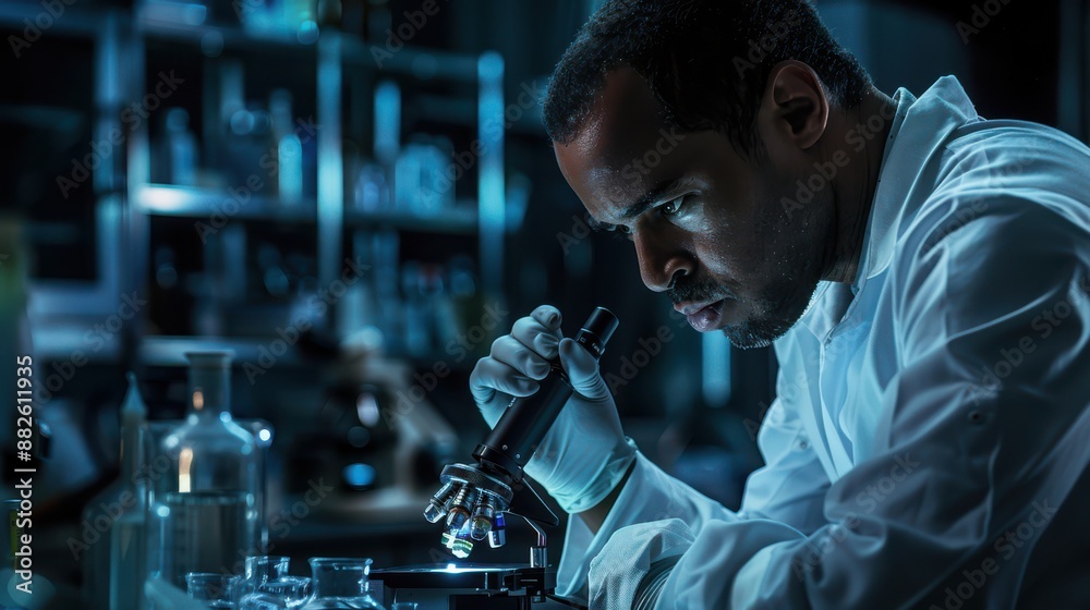 A man is looking through a microscope A man is looking through a microscope