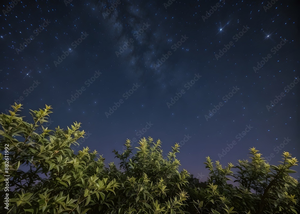 Fototapeta premium A soft sharp image of a tree illuminated by the night sky of bright stars. Taken in Stellenbosch, South Africa 