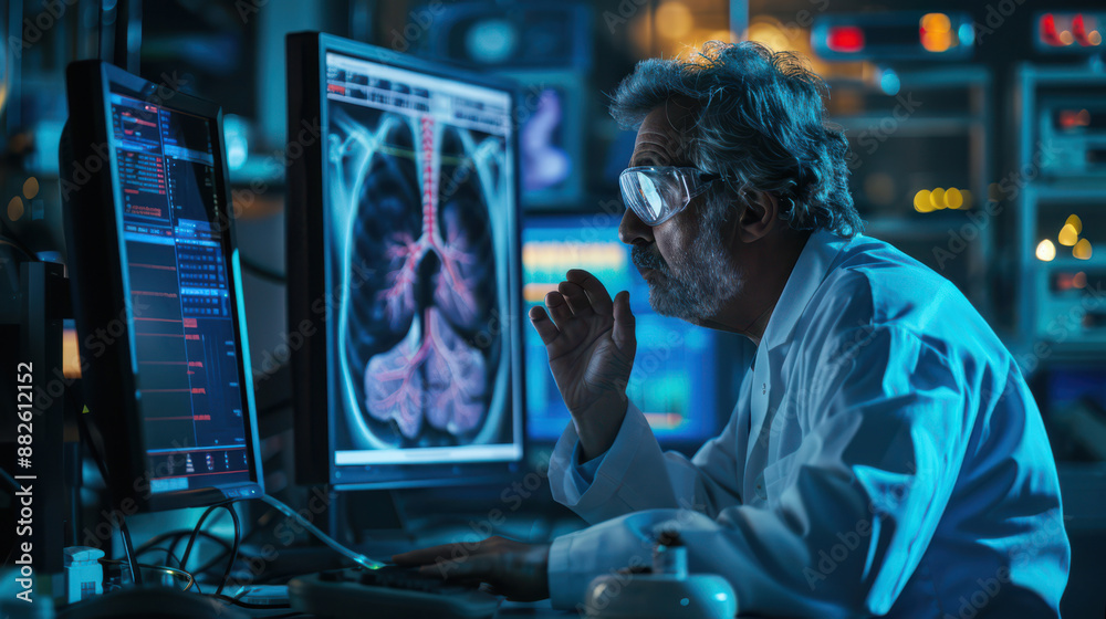 A man in a lab coat is looking at a computer monitor displaying a medical image
