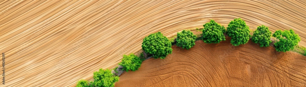 Aerial view of a curved row of trees in a field Aerial view of a curved row of trees in a field