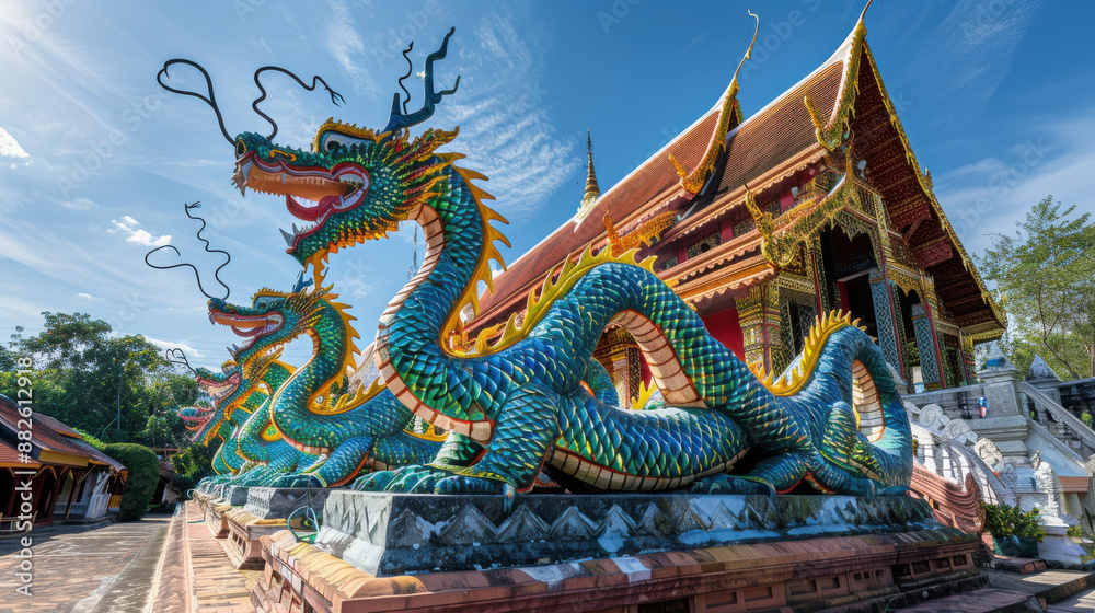 Fototapeta premium The vibrant dragon statues guarding the entrance of Wat Ban Den, with the temple's grand structure in the background