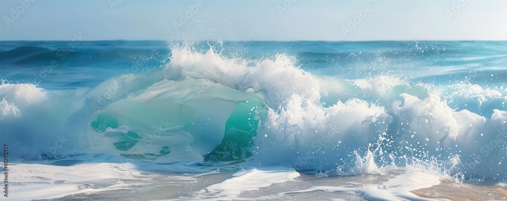 A crashing wave with white foam on a blue ocean. A crashing wave with white foam on a blue ocean.