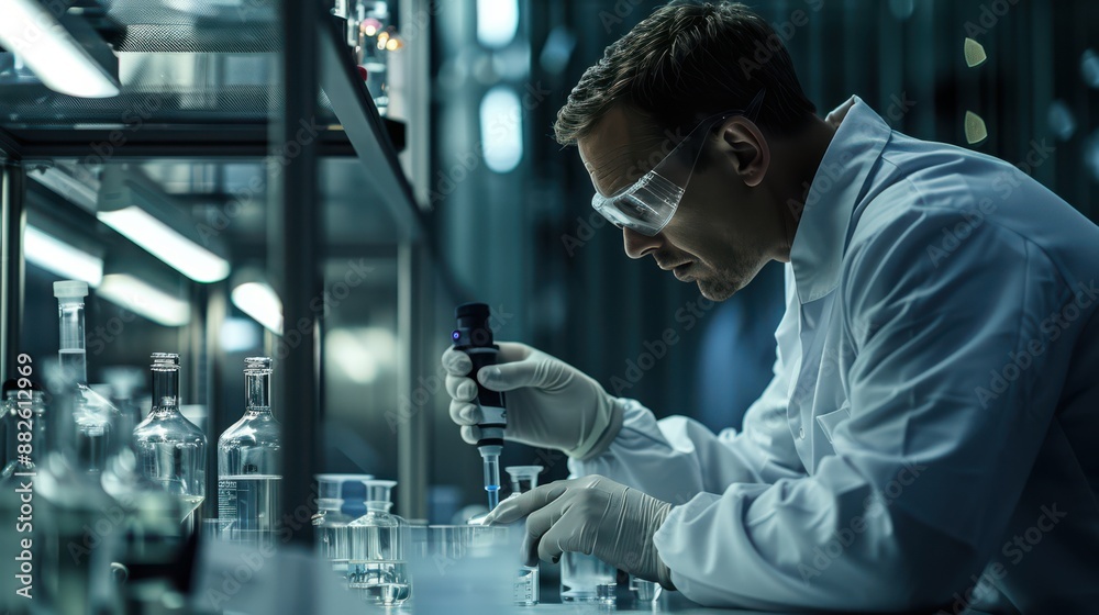 A man in a lab coat is working with a pipette A man in a lab coat is working with a pipette