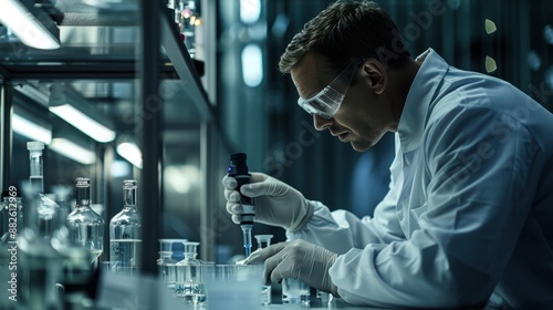 A man in a lab coat is working with a pipette