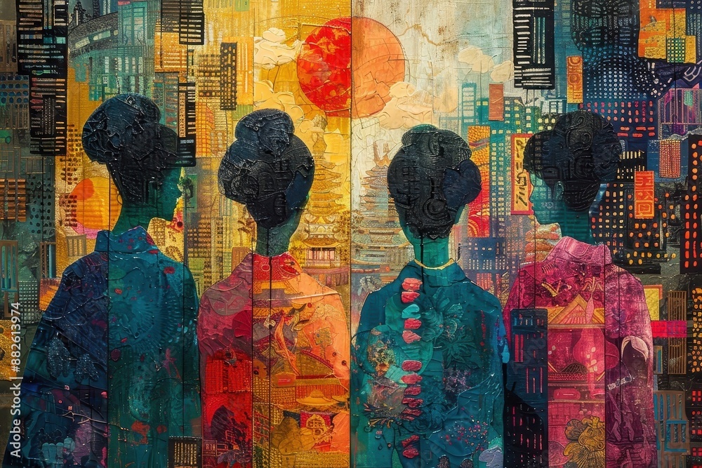 Abstract representation of cultural immersion through colors, shapes, and patterns.