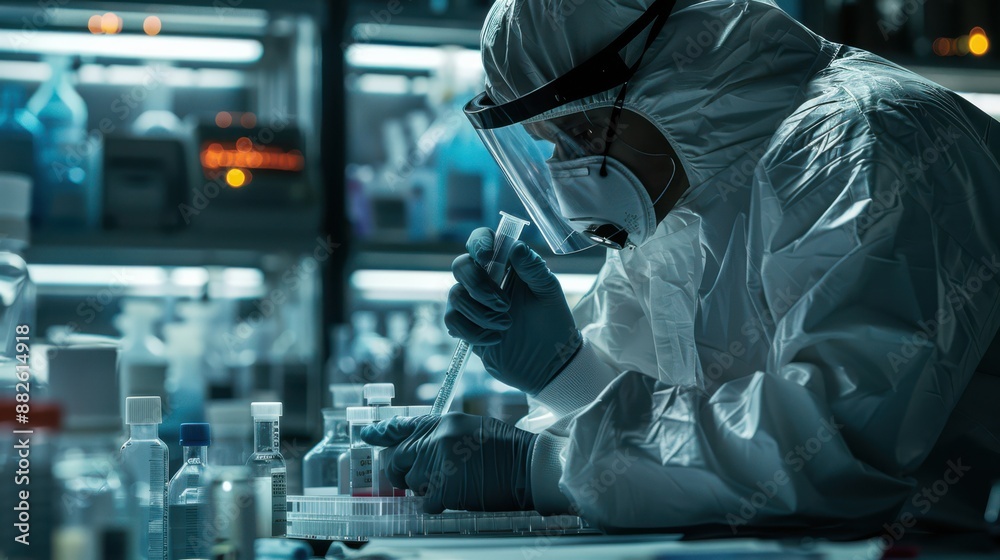 A scientist in a lab coat is wearing a mask A scientist in a lab coat is wearing a mask