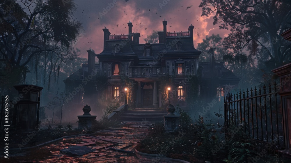 Fototapeta premium Creepy Haunted Mansion Silhouetted at Dawn with Eerie Light and Broken Windows