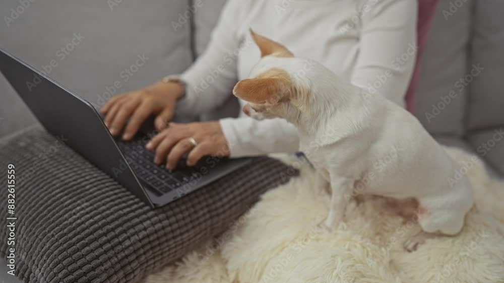 A middle-aged woman uses a laptop at home with her pet chihuahua sitting beside her on a cozy living room sofa. A middle-aged woman uses a laptop at home with her pet chihuahua sitting beside her on a cozy living room sofa.
