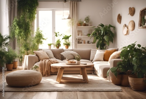 furniture style comfortable wooden living apartment natural floor modern room design style house rendering couch living rug corner lving decor 3d elegant room cozy houseplants wooden boho  