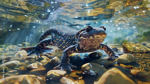  Chinese giant salamander in a freshwater stream, endangered species photo