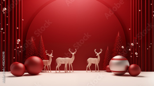 3D scene gold couple deer with red background.