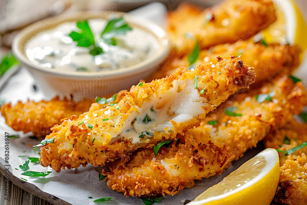 Breaded and fried fish fingers served with remoulade sauce and lemon Breaded and fried fish fingers served with remoulade sauce and lemon