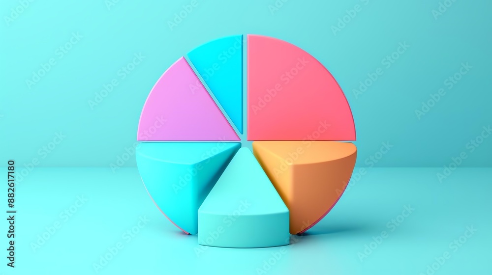 Fototapeta premium Colorful pie chart with different segments in a pastel blue background, representing data visualization, analysis, and business statistics.