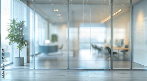 A blurred office interior with glass walls, featuring green plants in the foreground and softly blurred desks and chairs in the background. Sunlight streams through the window, creating a warm.