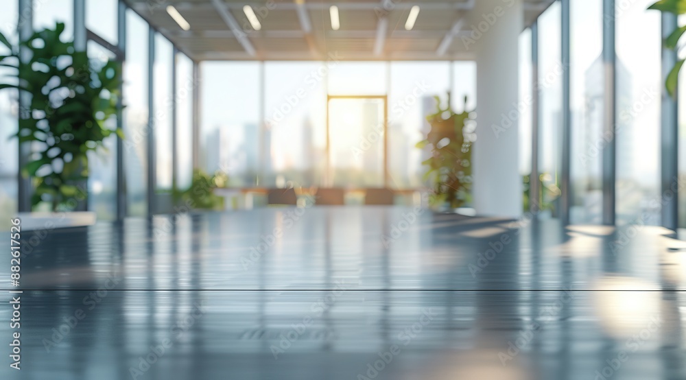Blurred modern office interior featuring a white table set up for product presentation in the background, with a spacious open-concept workspace highlighted by panoramic windows. Blurred modern office interior featuring a white table set up for product presentation in the background, with a spacious open-concept workspace highlighted by panoramic windows.