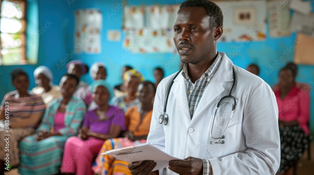 Fototapeta premium A doctor is standing in front of a group of people, holding a clipboard