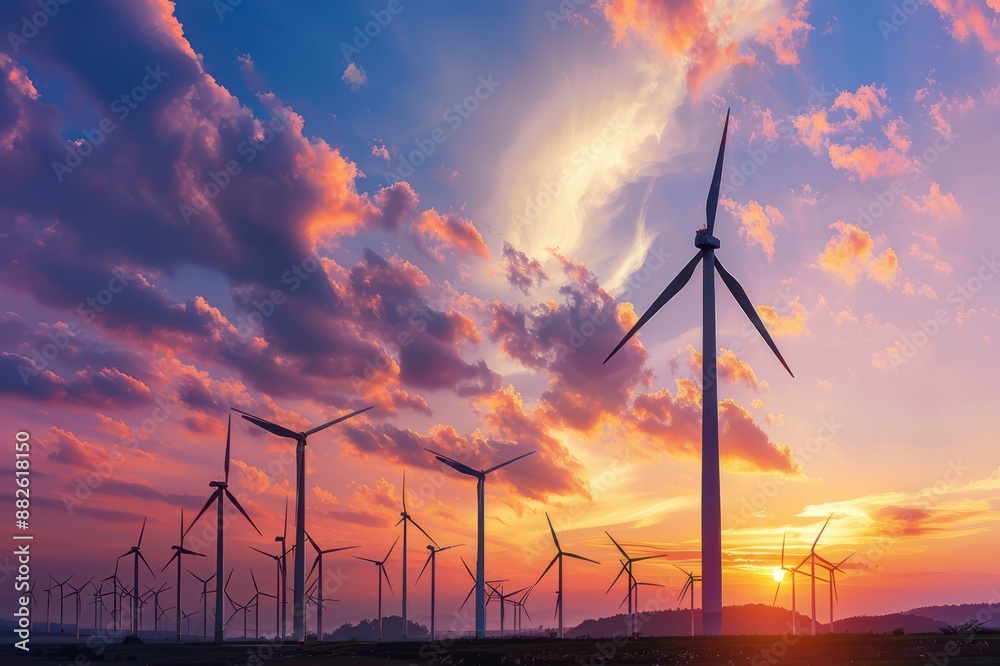 Obraz premium A wind farm with turbines spinning against a dramatic sunset