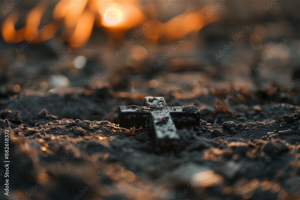 Beautiful Orange Abstract Twinkle, twinkle, twinkle background, little flame, and a wooden cross placed in the middle Beautiful Orange Abstract Twinkle, twinkle, twinkle background, little flame, and a wooden cross placed in the middle