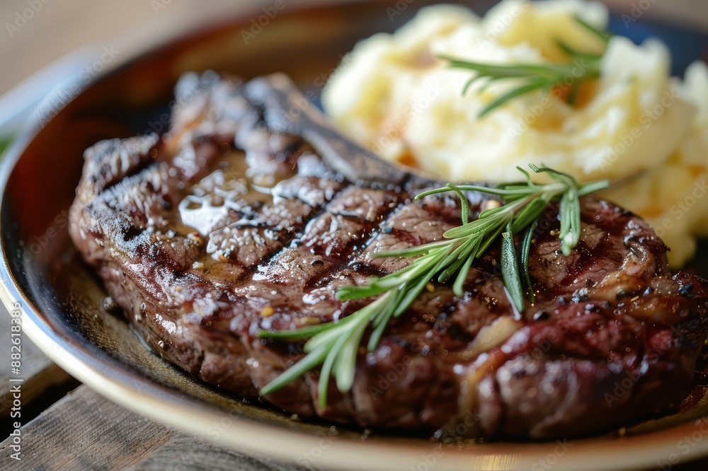 High-resolution image of a juicy steak cooked to perfection, garnished with rosemary and served with a side of mashed potatoes. High-resolution image of a juicy steak cooked to perfection, garnished with rosemary and served with a side of mashed potatoes.