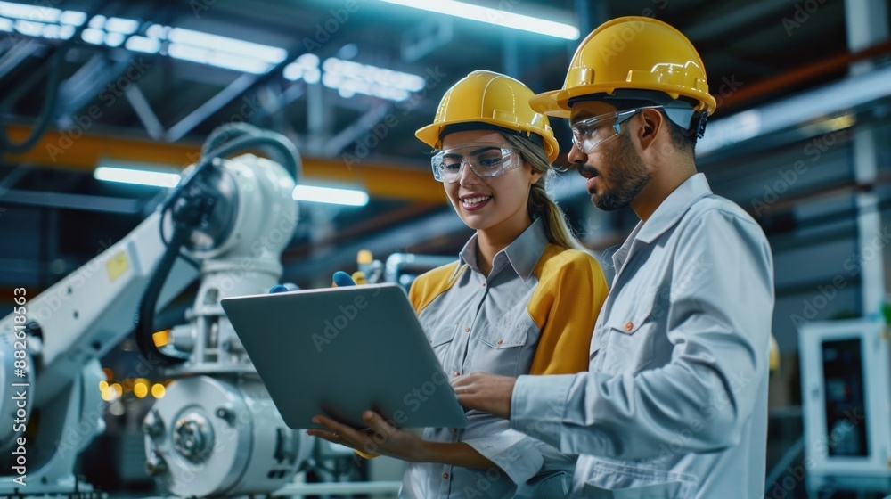 Male and female engineers holding laptop computers, mechanical arm background in a sleek solar panel manufacturing industry. Handsome Indian engineer consulting online controls with a happy smile Male and female engineers holding laptop computers, mechanical arm background in a sleek solar panel manufacturing industry. Handsome Indian engineer consulting online controls with a happy smile