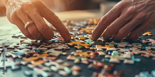 close up of hands placing puzzle pieces together, generative AI