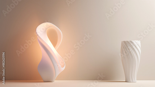 3d abstract interior scene with vase and lamp including sunlight in the minimal style. soft light smooth mood with beige color background. photo