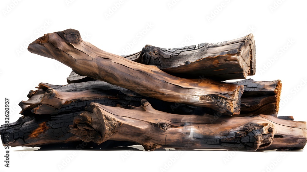Several pieces of dark-gray and brown wood, likely charred or burnt, are piled together. Several pieces of dark-gray and brown wood, likely charred or burnt, are piled together.