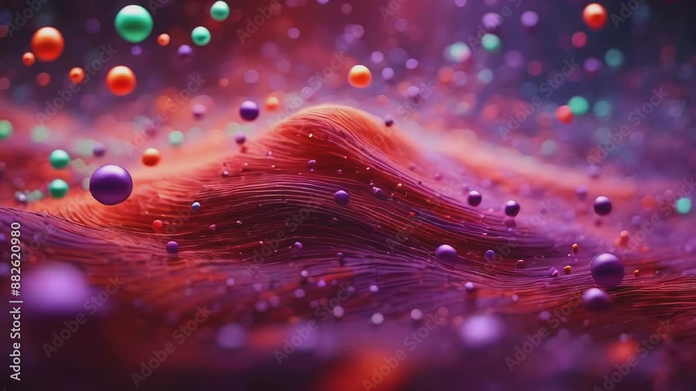 3D animation of multicolored spheres moving on a wavy surface with multiple red and purple folds, creating a dynamic and abstract composition