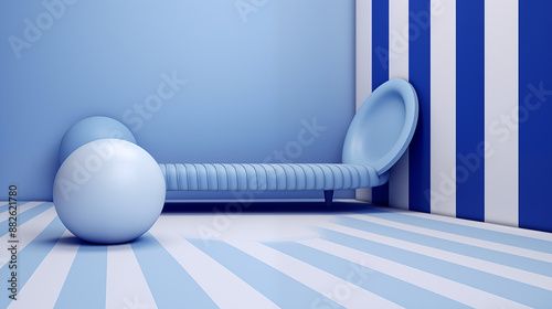 abstract 3d interior scene white ball and gray sofa with blue background color and sunlight. photo