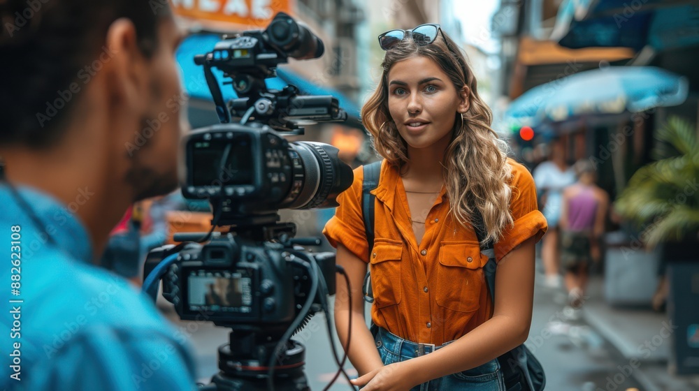 A woman in an orange shirt is talking to a man behind a camera A woman in an orange shirt is talking to a man behind a camera