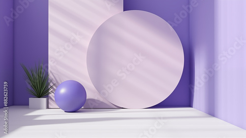 abstract 3d interior scene purple ball and white podium background with violet background color and sunlight.