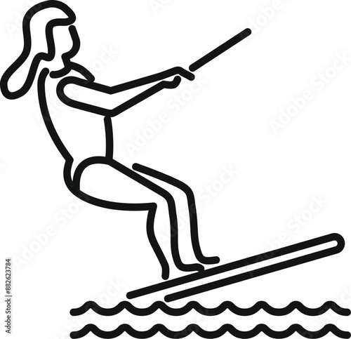 Young woman wakeboarding on lake, enjoying water sport, summer activity icon
