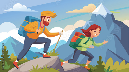 Travelling Couple with Backpacks, Man and Woman Cartoon Characters Climbing Rock. Mountaineering, Trekking and Hiking. Outdoor Recreation, Adventures in Nature, Vacation. 